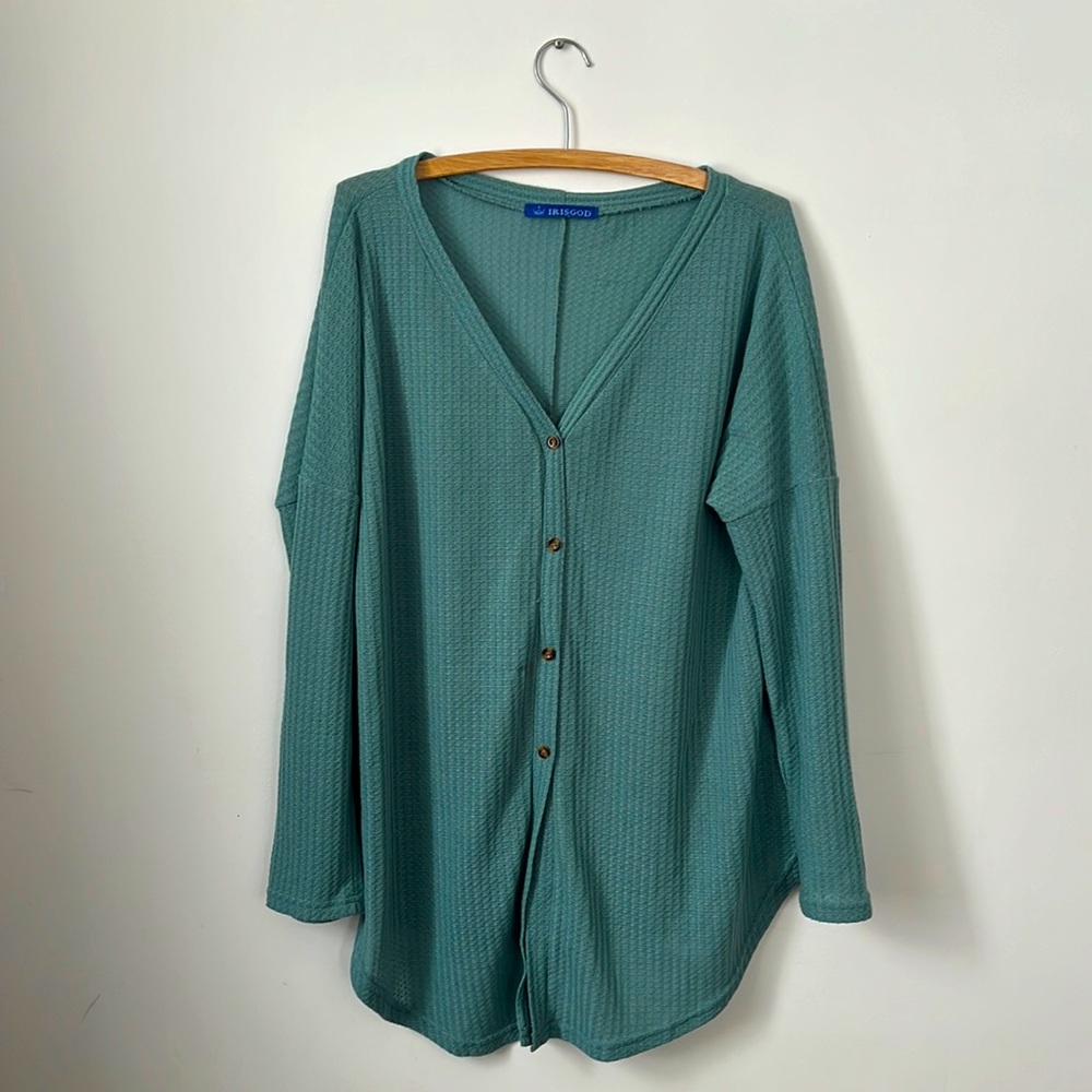 blue waffle knit button down shirt